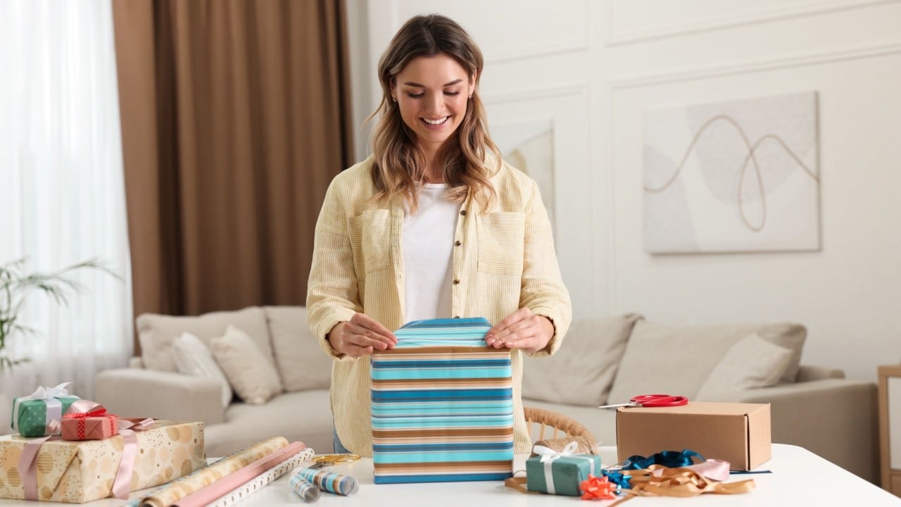 Woman wrapping books with wrapping papers