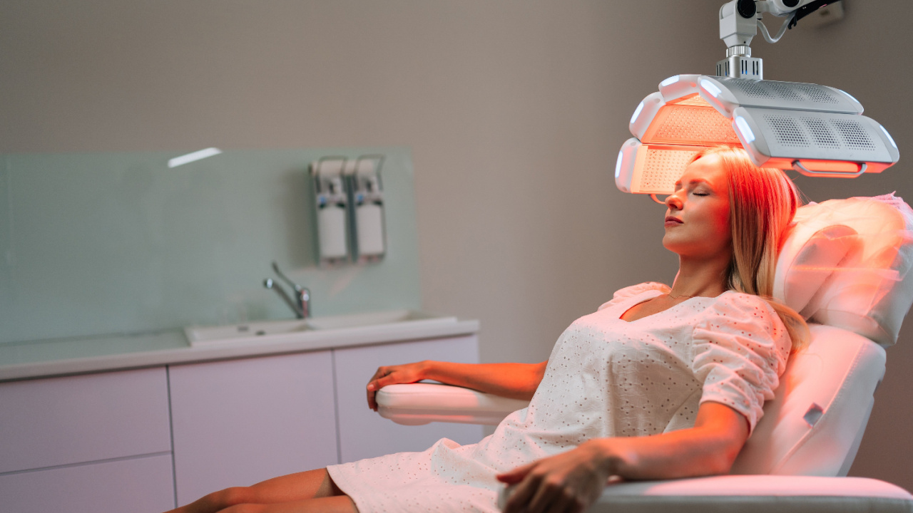 Young woman with blond hair LED light hair photodynamic therapy during hair treatment at medical clinic